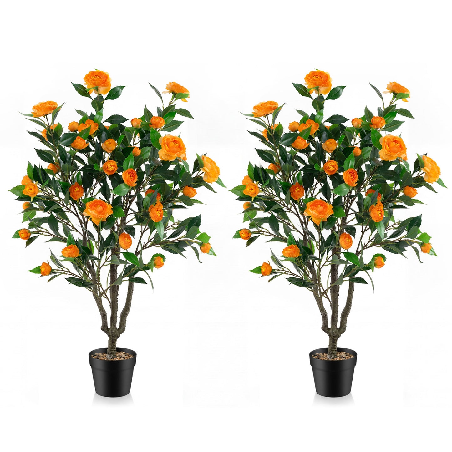 40 Inch Artificial Camellia Tree, 37 Flowers, River Stones, 2 Pack, Orange Faux Plants Orange at Gallery Canada