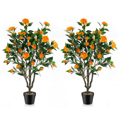 40 Inch Artificial Camellia Tree, 37 Flowers, River Stones, 2 Pack, Orange Faux Plants at Gallery Canada