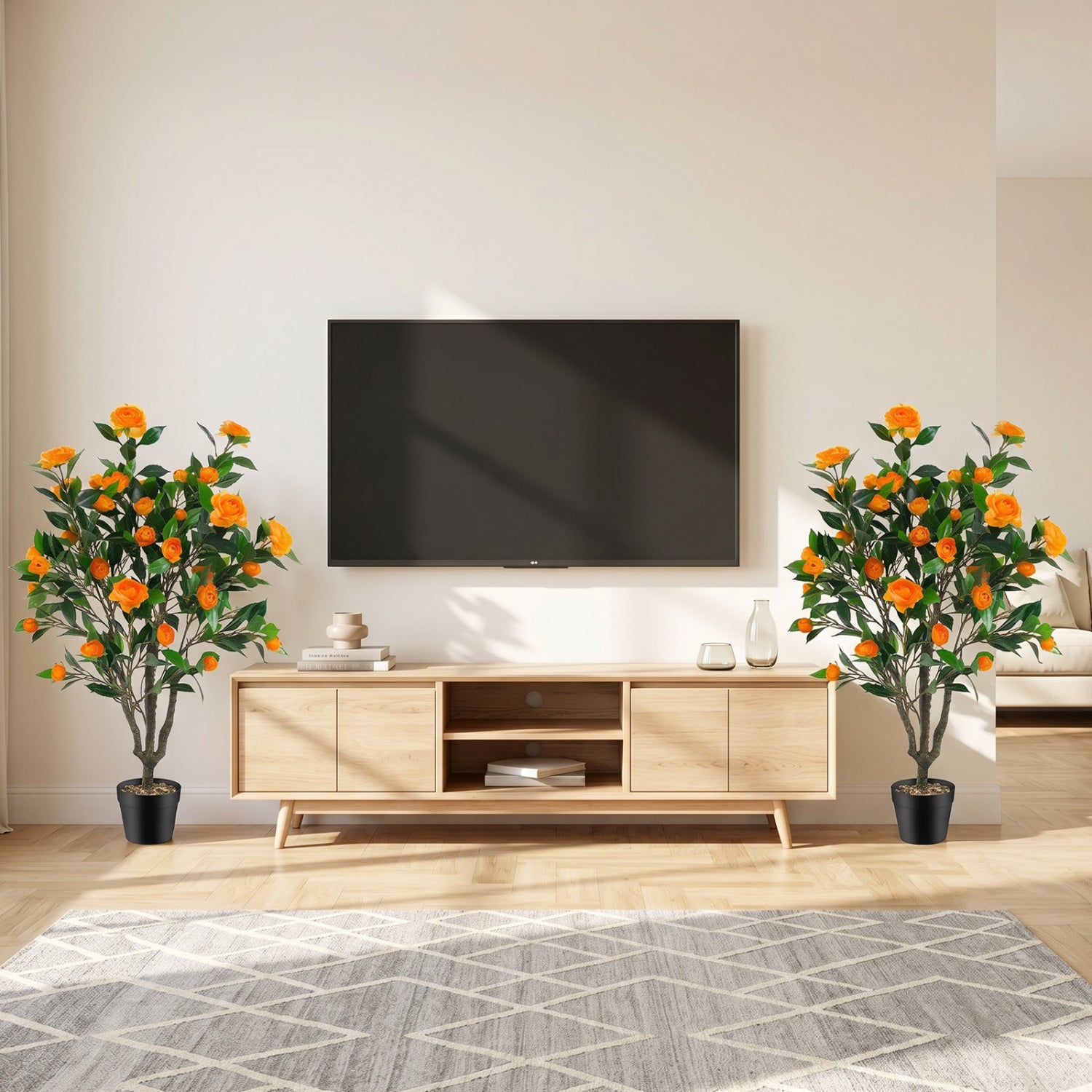 40 Inch Artificial Camellia Tree, 37 Flowers, River Stones, 2 Pack, Orange Faux Plants at Gallery Canada