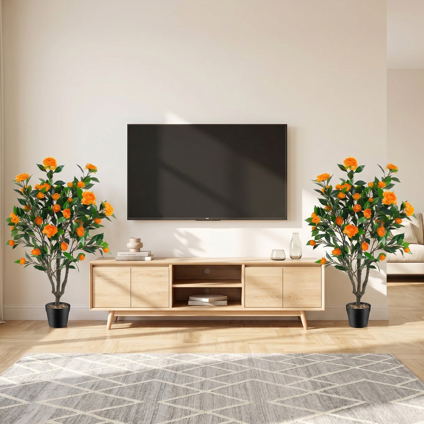 40 Inch Artificial Camellia Tree, 37 Flowers, River Stones, 2 Pack, Orange Faux Plants at Gallery Canada