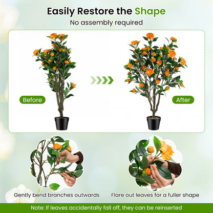 40 Inch Artificial Camellia Tree, 37 Flowers, River Stones, 2 Pack, Orange Faux Plants at Gallery Canada