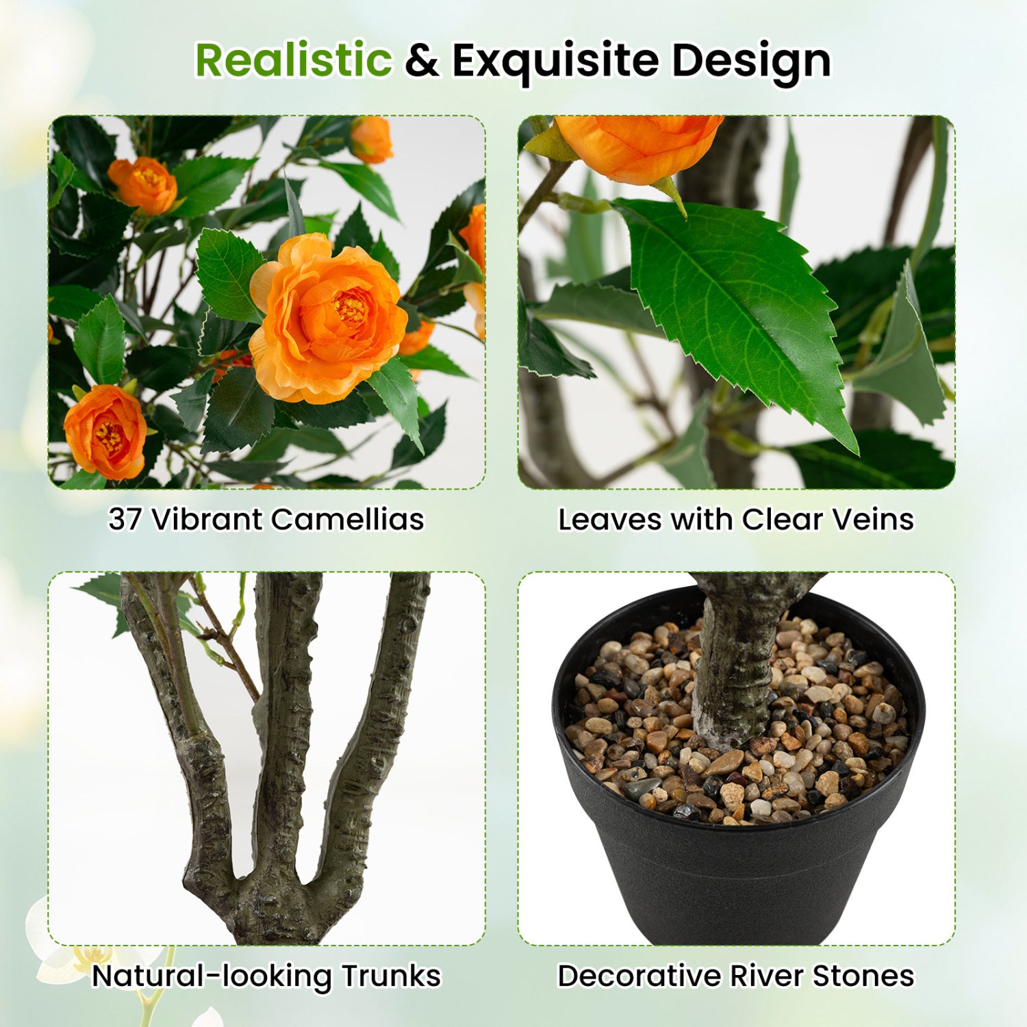 40 Inch Artificial Camellia Tree, 37 Flowers, River Stones, 2 Pack, Orange Faux Plants at Gallery Canada