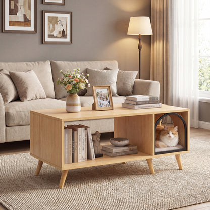 40 Inch Coffee Table Cat House 2-in-1 Wooden Kitten Furniture with Open Storage Shelf, Natural Cat Houses at Gallery Canada