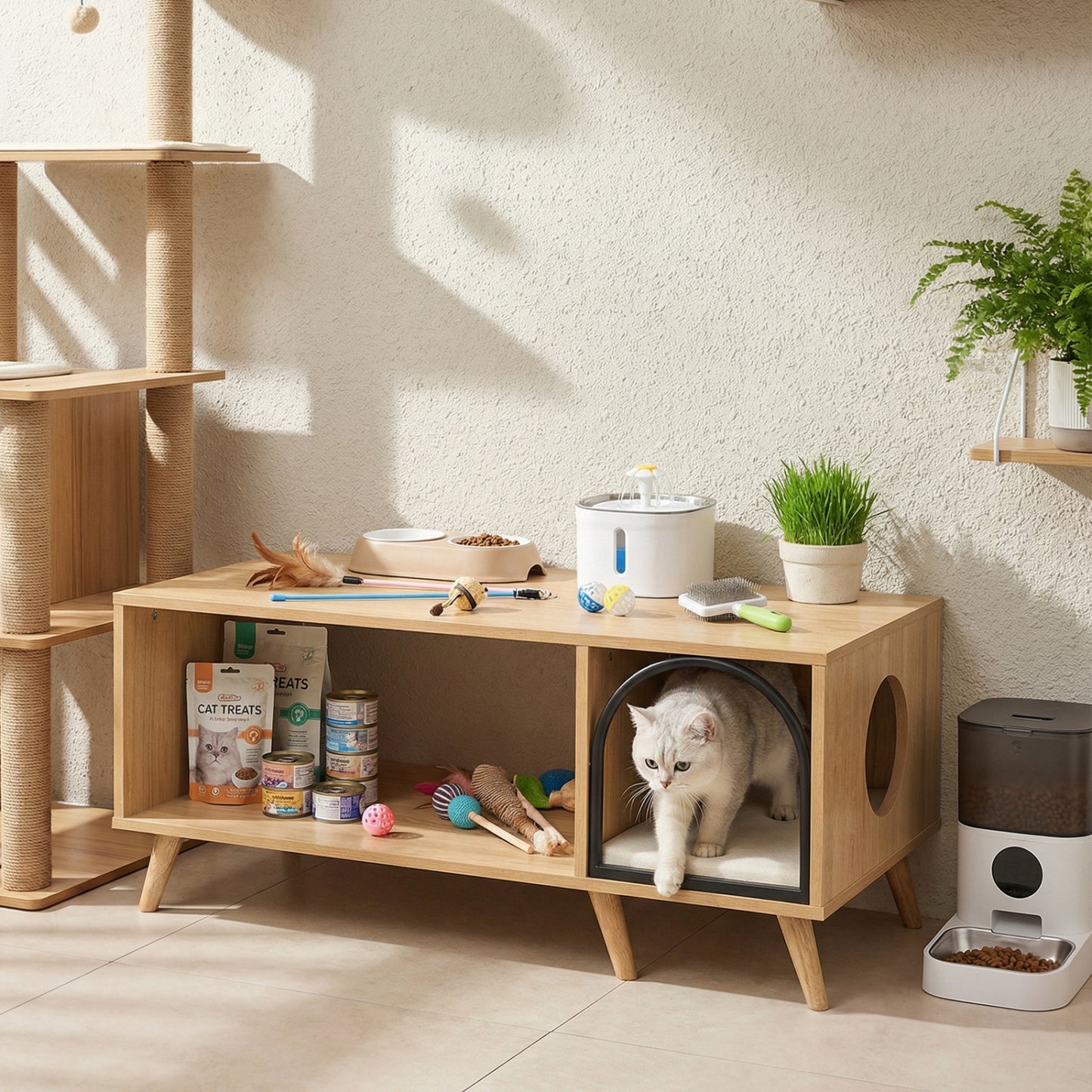 40 Inch Coffee Table Cat House 2-in-1 Wooden Kitten Furniture with Open Storage Shelf, Natural Cat Houses at Gallery Canada