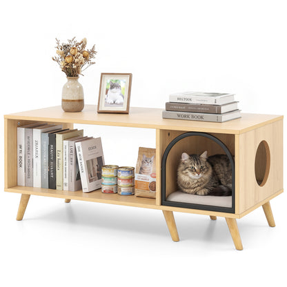 40 Inch Coffee Table Cat House 2-in-1 Wooden Kitten Furniture with Open Storage Shelf, Natural Cat Houses Natural at Gallery Canada