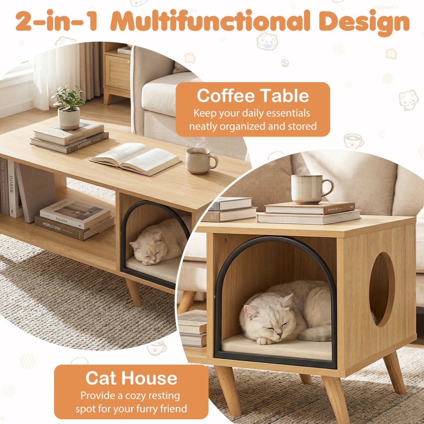 40 Inch Coffee Table Cat House 2-in-1 Wooden Kitten Furniture with Open Storage Shelf, Natural Cat Houses at Gallery Canada
