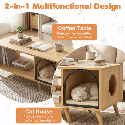 40 Inch Coffee Table Cat House 2-in-1 Wooden Kitten Furniture with Open Storage Shelf, Natural Cat Houses at Gallery Canada