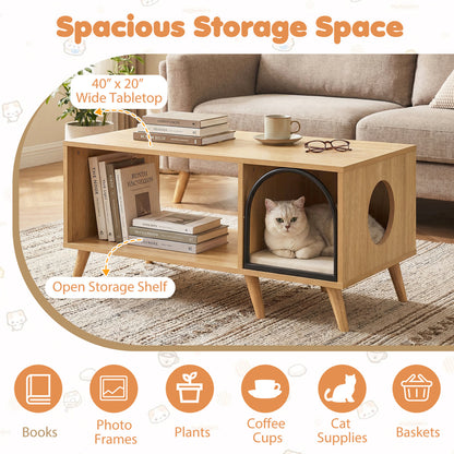 40 Inch Coffee Table Cat House 2-in-1 Wooden Kitten Furniture with Open Storage Shelf, Natural Cat Houses at Gallery Canada