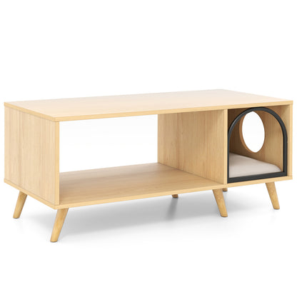40 Inch Coffee Table Cat House 2-in-1 Wooden Kitten Furniture with Open Storage Shelf, Natural Cat Houses at Gallery Canada