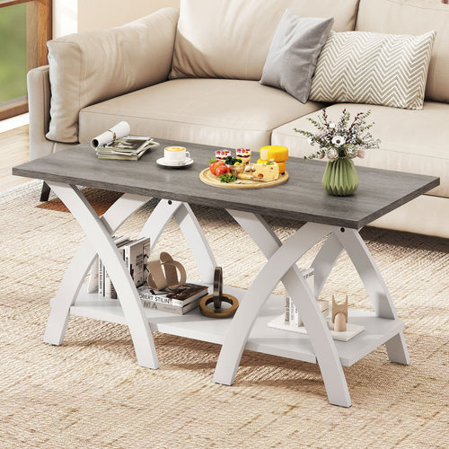 40 Inch Farmhouse Wooden Coffee Table with Storage Shelf with X-shaped Legs, Gray
