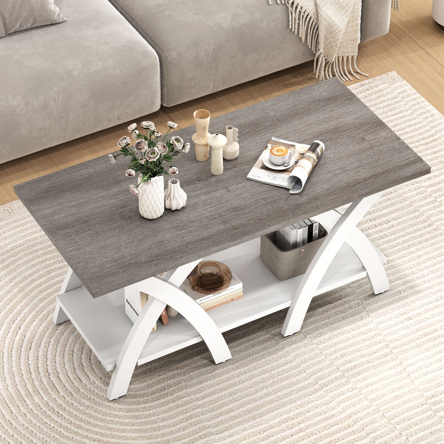 40 Inch Farmhouse Wooden Coffee Table with Storage Shelf with X-shaped Legs, Gray Coffee Tables at Gallery Canada