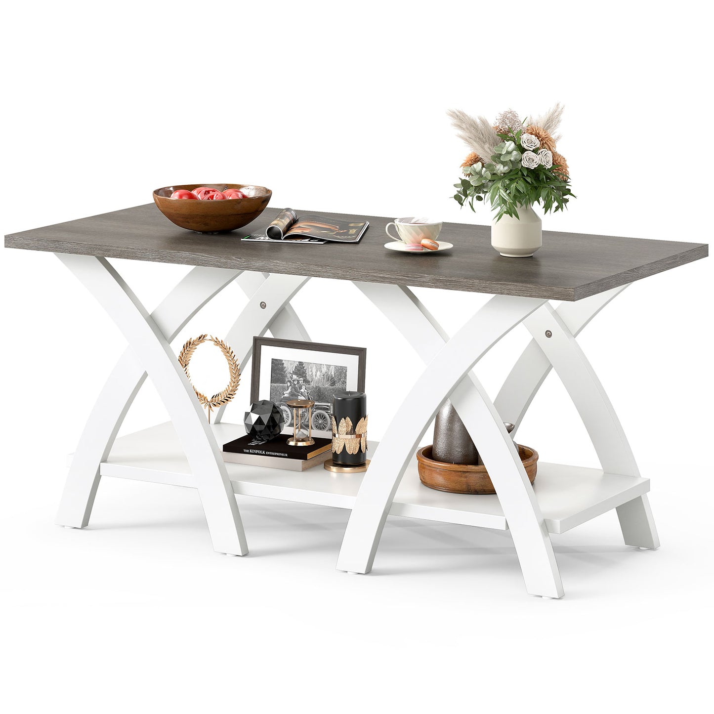 40 Inch Farmhouse Wooden Coffee Table with Storage Shelf with X-shaped Legs, Gray Coffee Tables at Gallery Canada