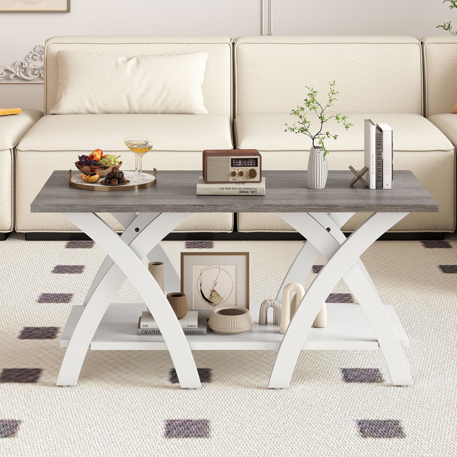 40 Inch Farmhouse Wooden Coffee Table with Storage Shelf with X-shaped Legs, Gray Coffee Tables at Gallery Canada
