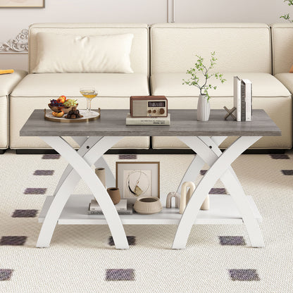 40 Inch Farmhouse Wooden Coffee Table with Storage Shelf with X-shaped Legs, Gray Coffee Tables at Gallery Canada