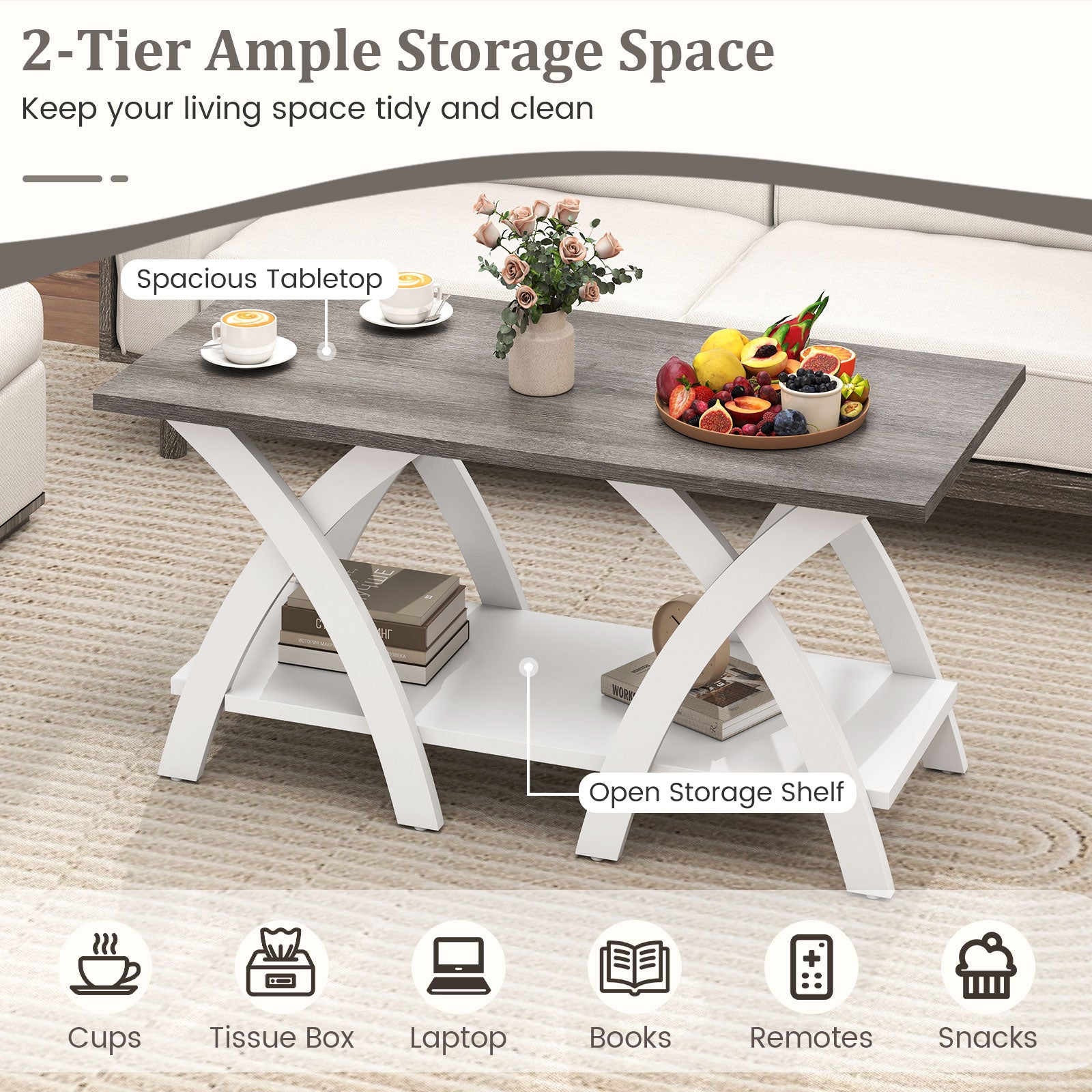 40 Inch Farmhouse Wooden Coffee Table with Storage Shelf with X-shaped Legs, Gray Coffee Tables at Gallery Canada