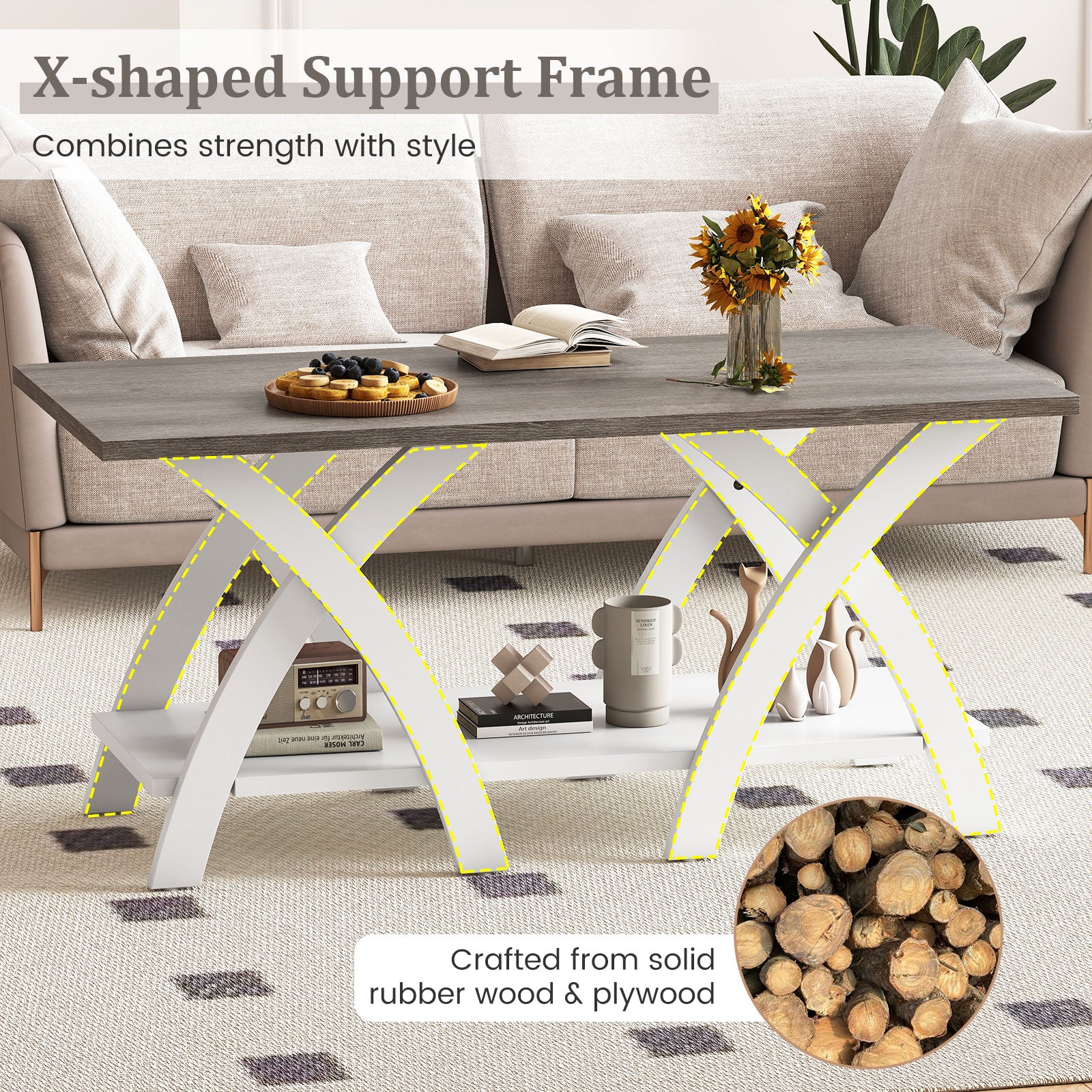 40 Inch Farmhouse Wooden Coffee Table with Storage Shelf with X-shaped Legs, Gray Coffee Tables at Gallery Canada