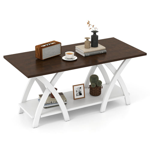 40 Inch Farmhouse Wooden 2-Tier Coffee Table with Storage Shelf for Living Room, Walnut