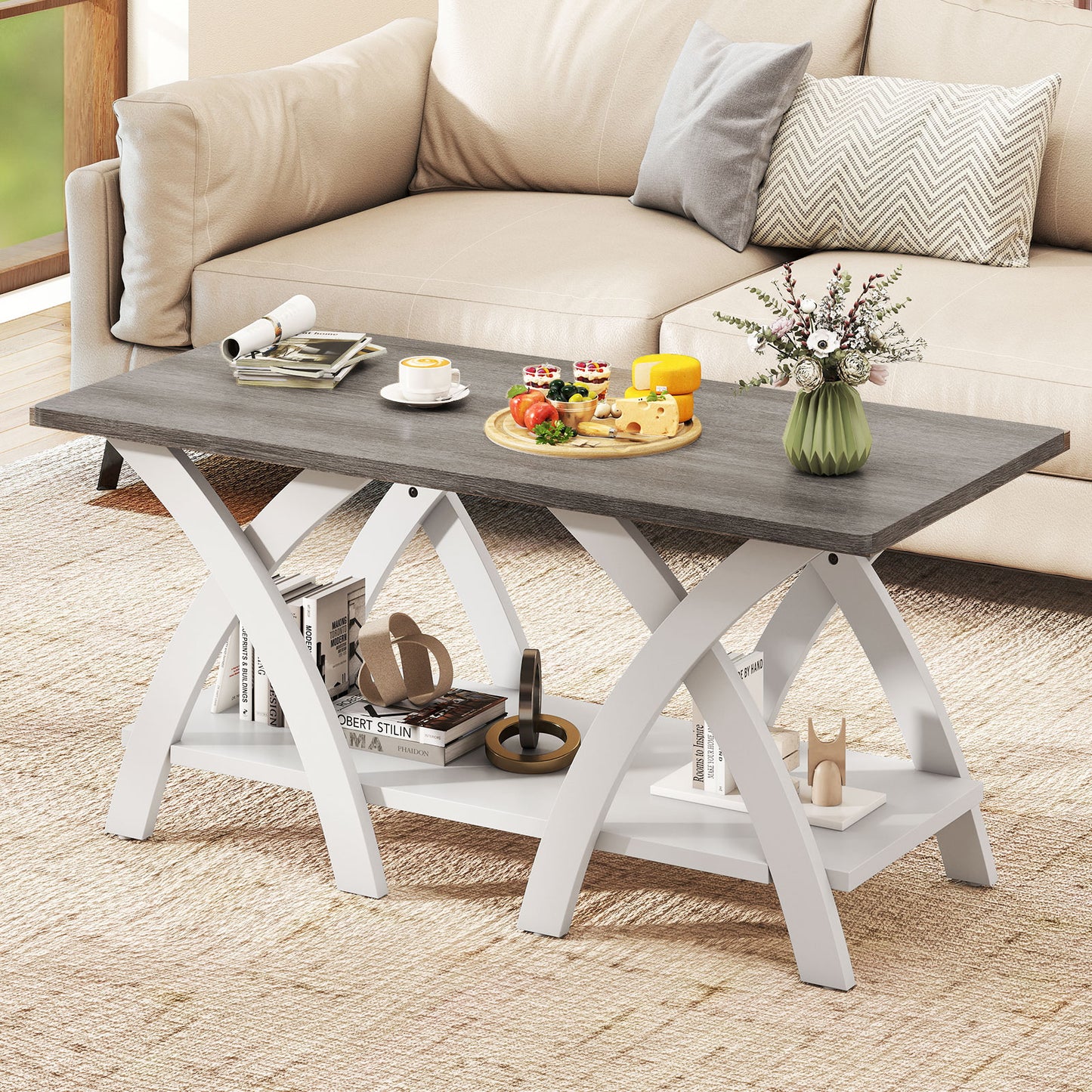 40 Inch Wooden Coffee Table With Storage Shelf, X-Shaped Legs, Gray Coffee Tables at Gallery Canada