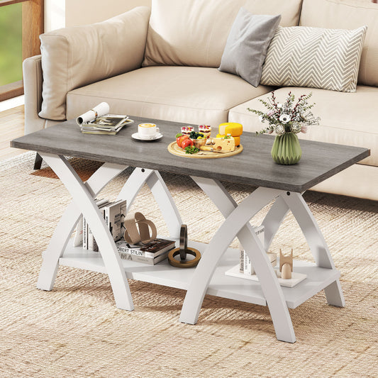 40 Inch Wooden Coffee Table With Storage Shelf, X-Shaped Legs, Gray