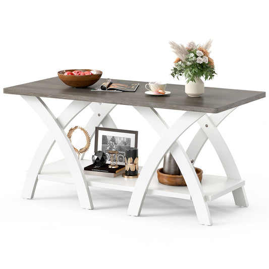 40 Inch Wooden Coffee Table With Storage Shelf, X-Shaped Legs, Gray