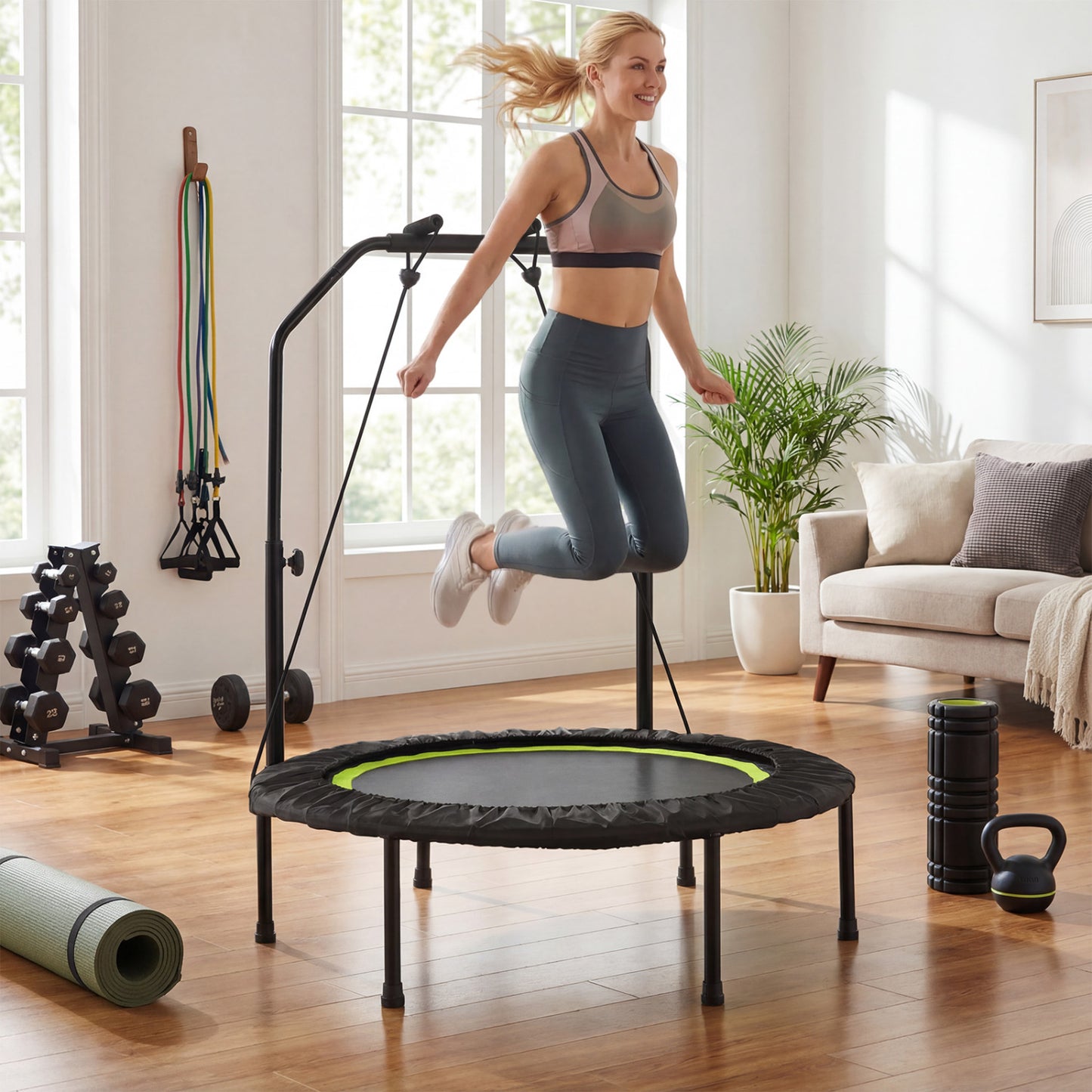 Trampoline de fitness de 40 pouces pour adultes avec bandes de résistance, vert