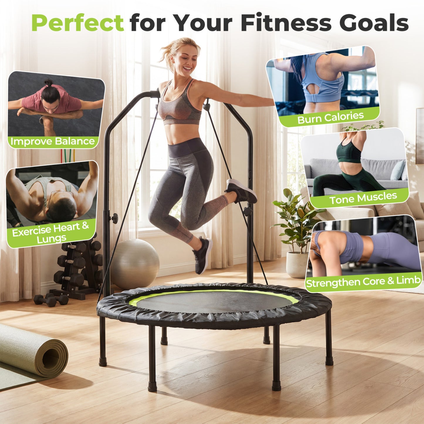 Trampoline de fitness de 40 pouces pour adultes avec bandes de résistance, vert
