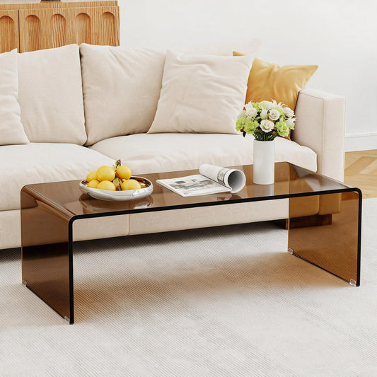40 Inch Glass Coffee Table, Tempered Glass Top, Round Edges, Dark Brown Coffee Tables Dark Brown at Gallery Canada