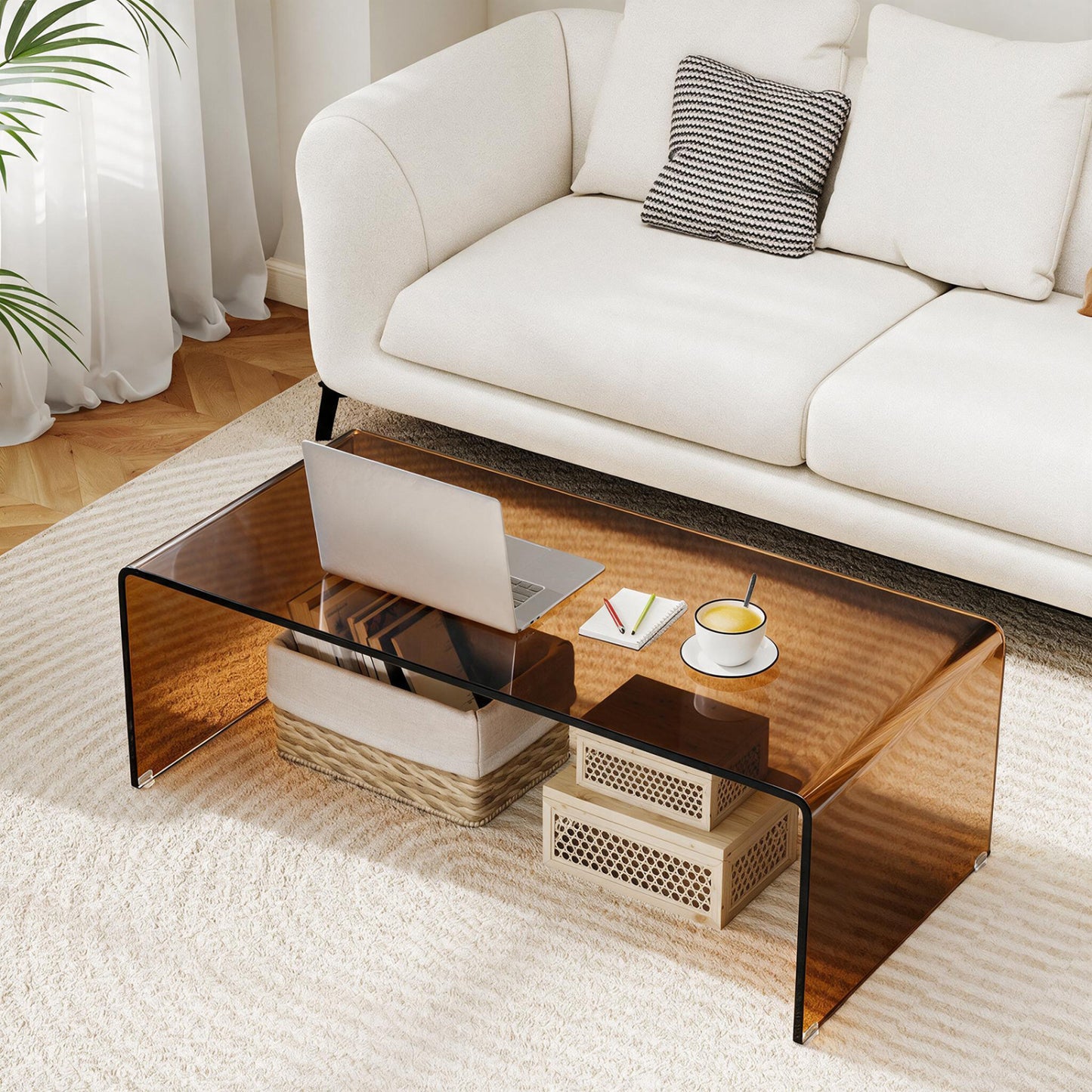 40 Inch Glass Coffee Table with Tempered Glass Top and Round Edges for Home, Dark Brown
