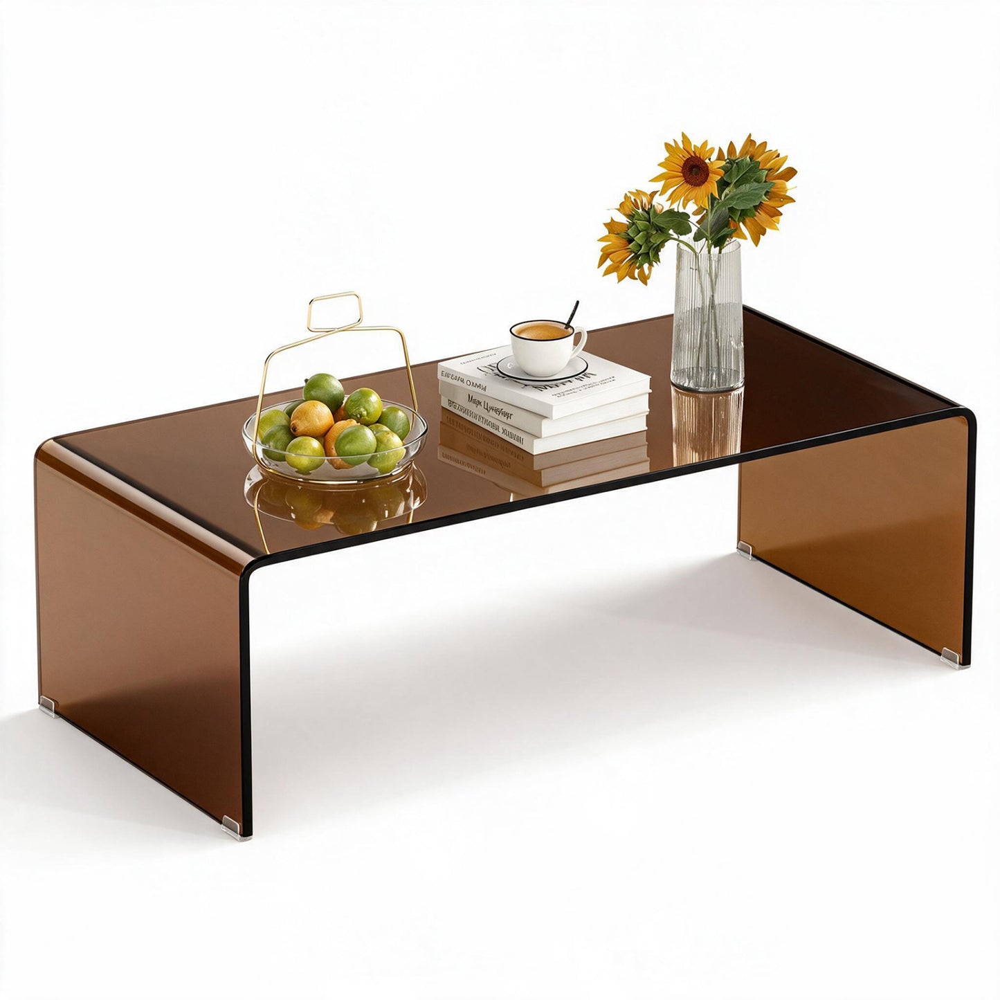 40 Inch Glass Coffee Table with Tempered Glass Top and Round Edges for Home, Dark Brown