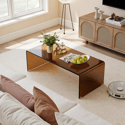 40 Inch Glass Coffee Table with Tempered Glass Top and Round Edges for Home, Dark Brown