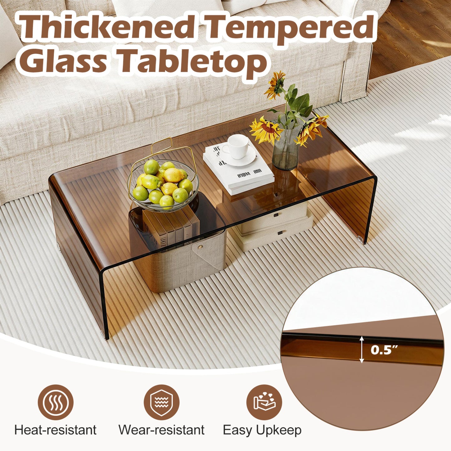 40 Inch Glass Coffee Table with Tempered Glass Top and Round Edges for Home, Dark Brown
