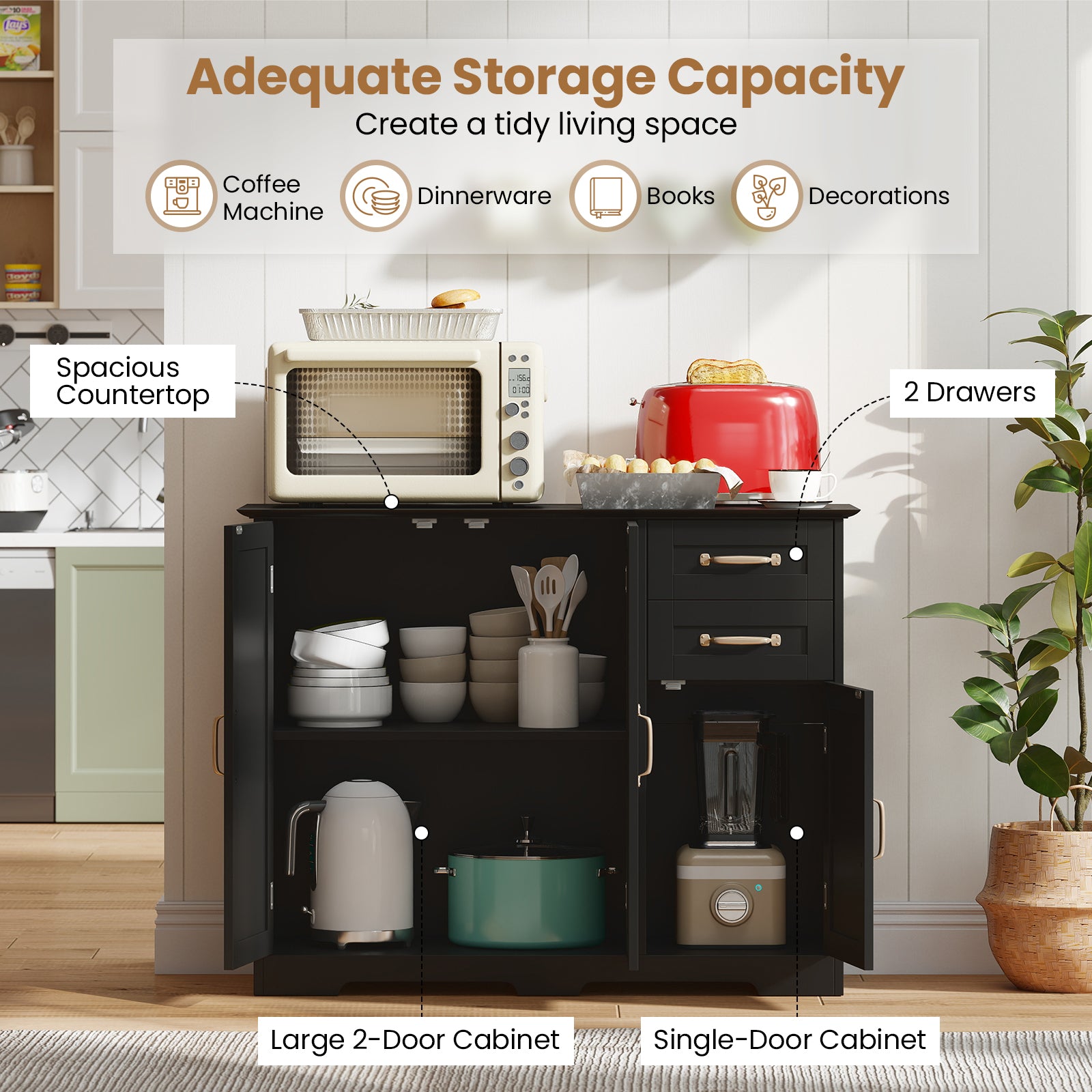 40 Inch Modern Kitchen Sideboard Buffet Cabinet with 2 Drawers and Adjustable Shelf, Black Sideboards Cabinets & Buffets at Gallery Canada