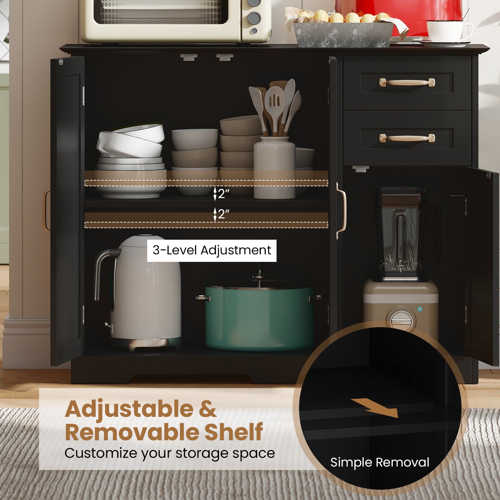 40 Inch Modern Kitchen Sideboard Buffet Cabinet with 2 Drawers and Adjustable Shelf, Black Sideboards Cabinets & Buffets at Gallery Canada