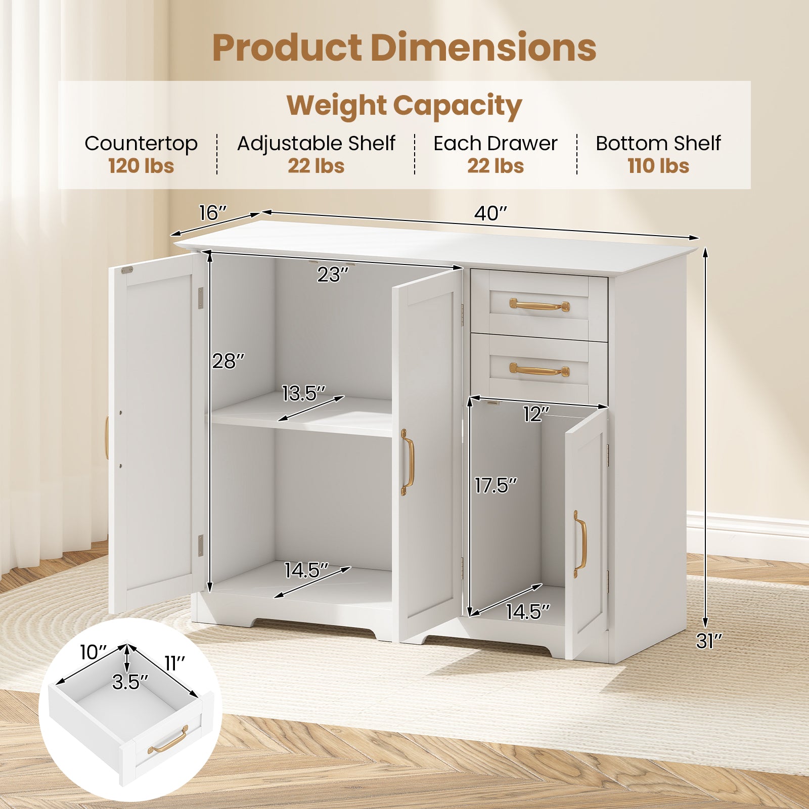 40 Inch Modern Kitchen Sideboard Buffet Cabinet with 2 Drawers and Adjustable Shelf, White Sideboards Cabinets & Buffets at Gallery Canada