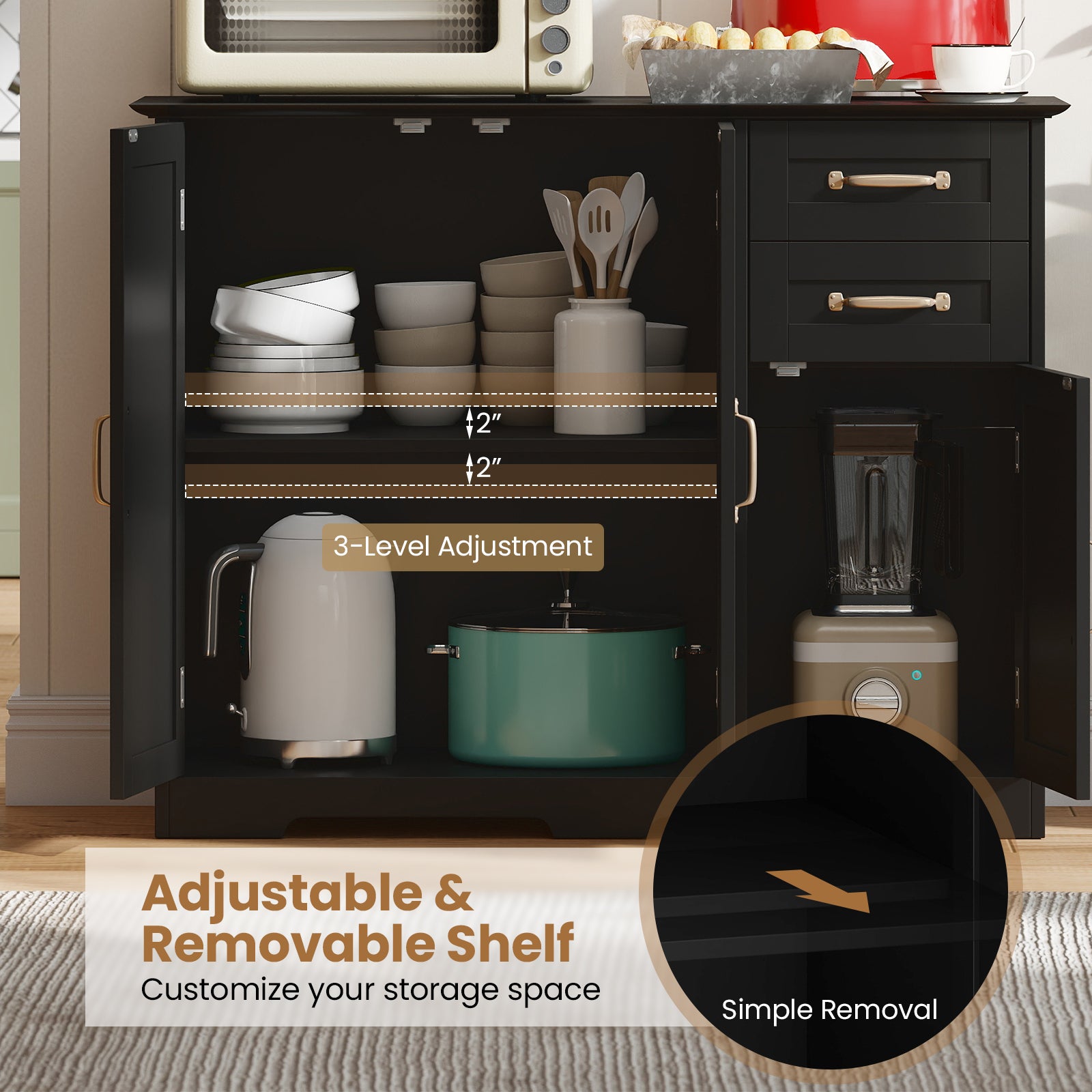 40 Inch Kitchen Sideboard Cabinet, 2 Drawers, Adjustable Shelf, Black Sideboards Cabinets & Buffets at Gallery Canada