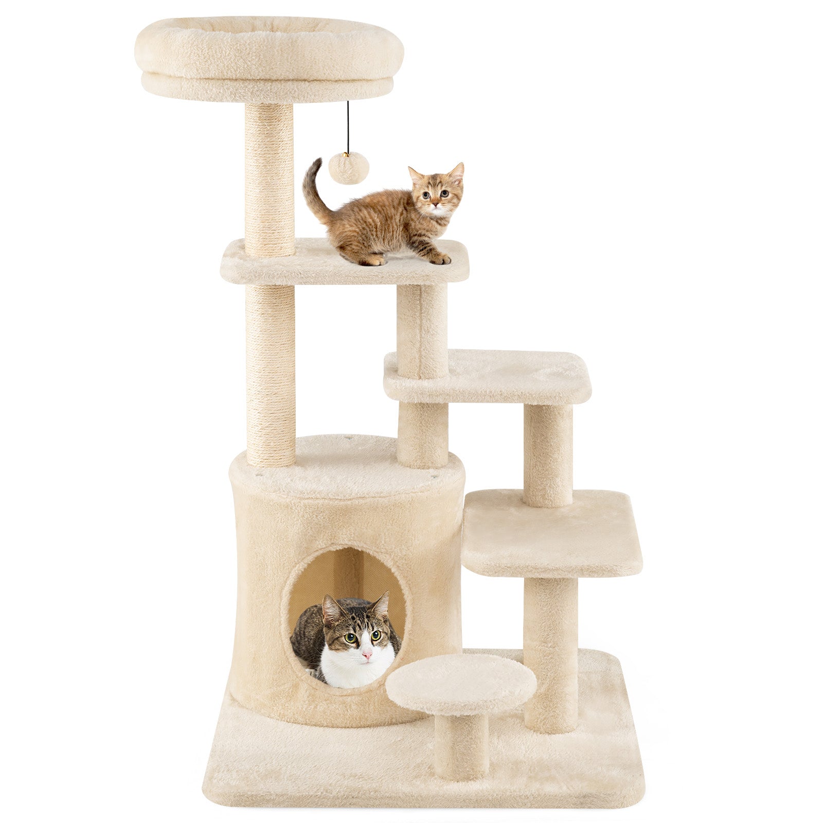 40 Inch Multi-level Cat Tower with Condo and Dangling Jingle Ball-BE, Beige Cat Trees Condos & Scratchers Beige at Gallery Canada