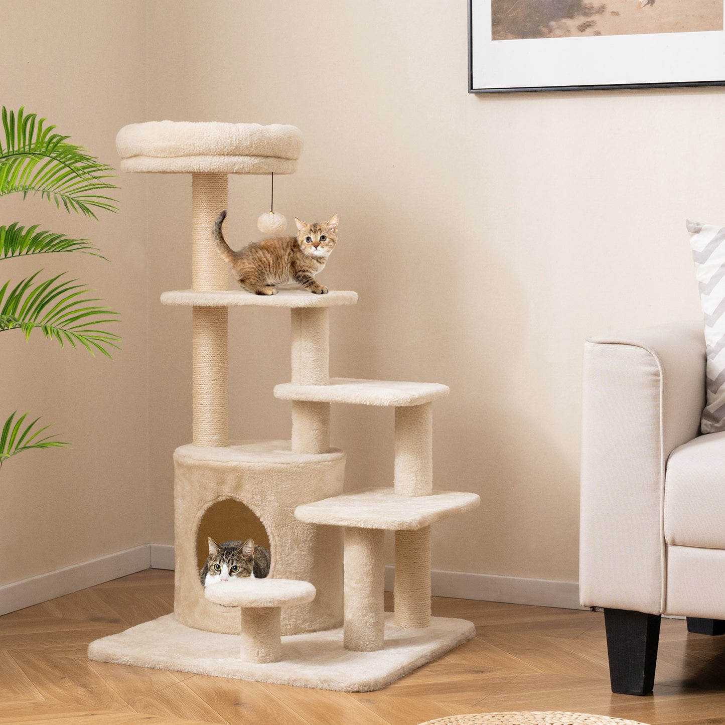 40 Inch Multi-level Cat Tower with Condo and Dangling Jingle Ball-BE, Beige