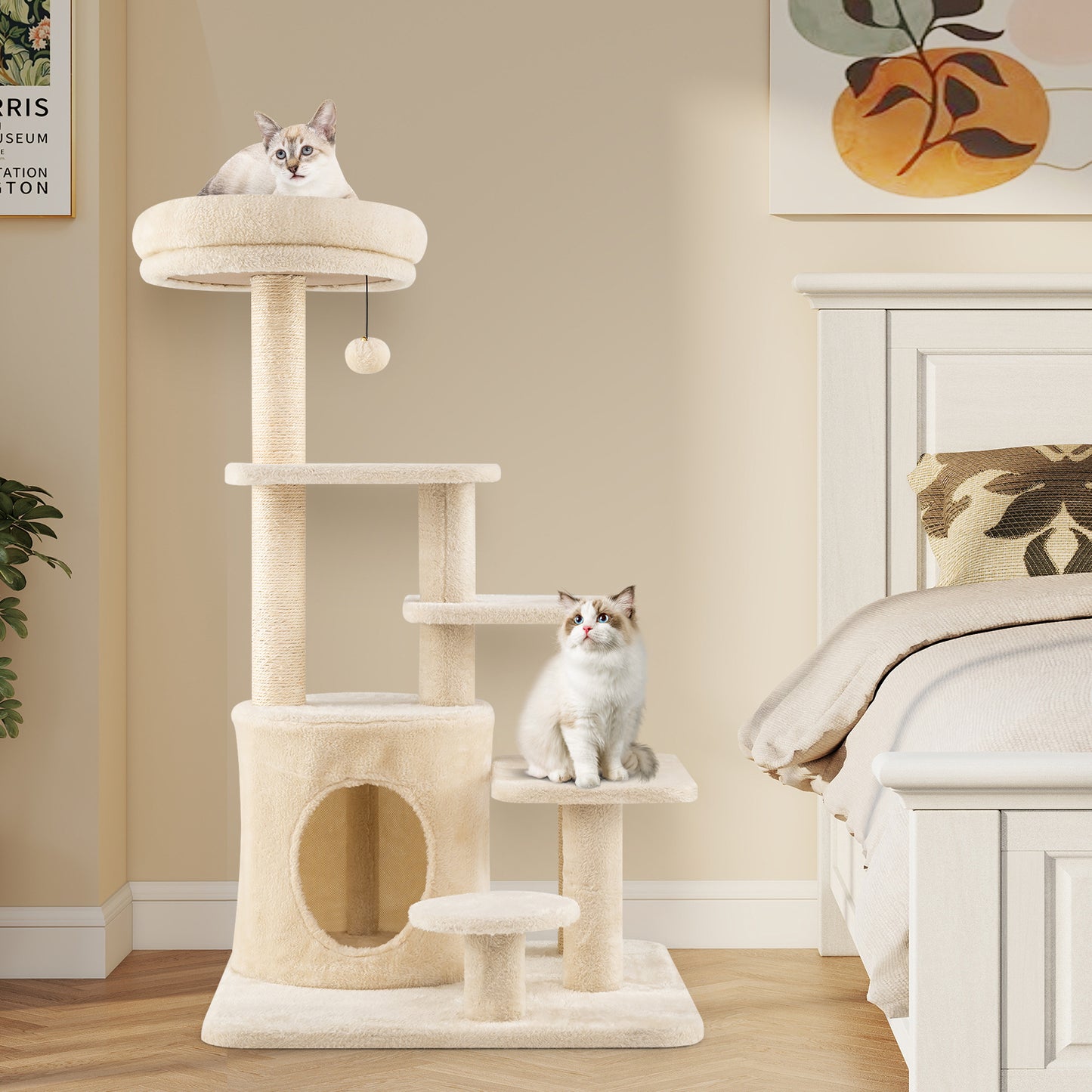 40 Inch Multi-level Cat Tower with Condo and Dangling Jingle Ball-BE, Beige
