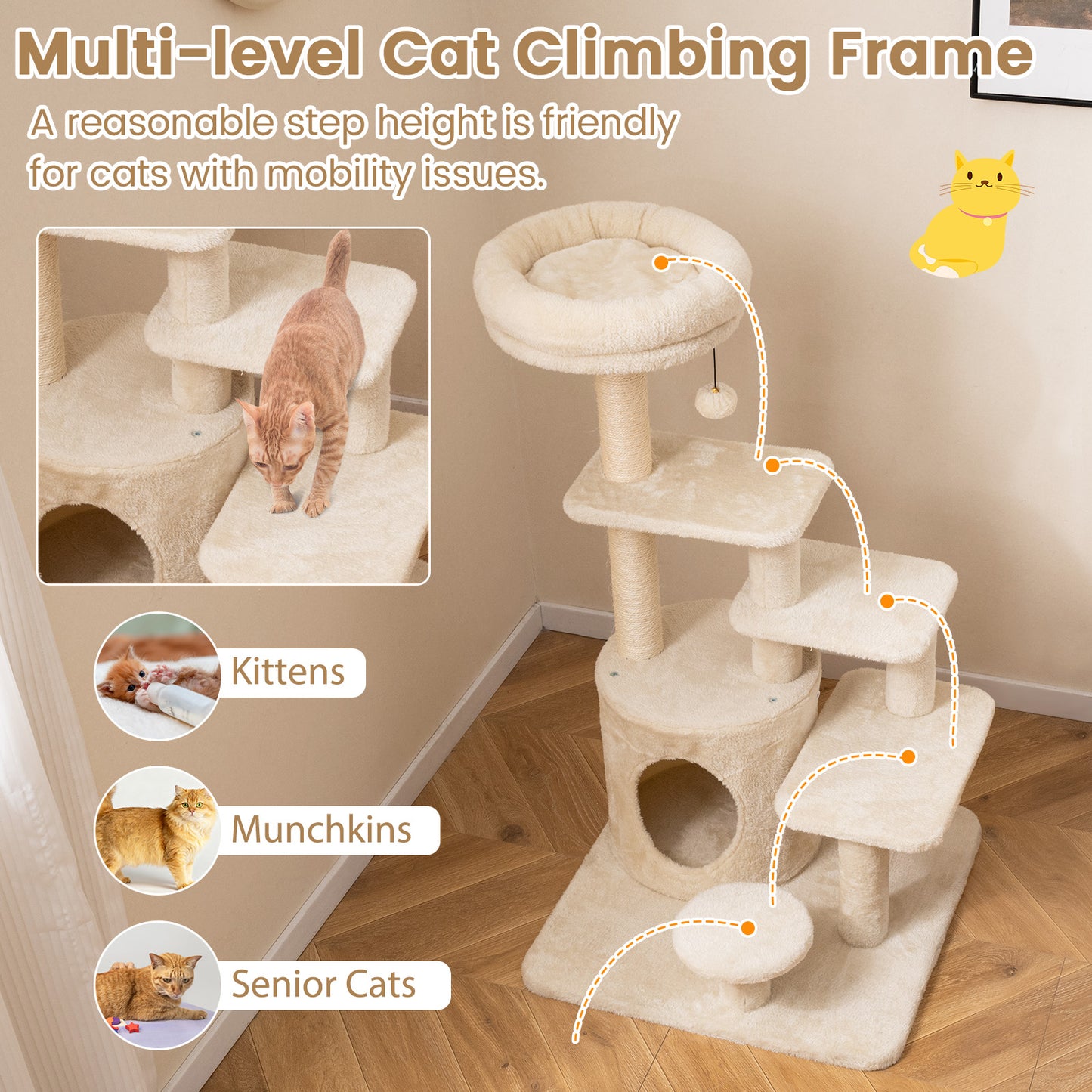 40 Inch Multi-level Cat Tower with Condo and Dangling Jingle Ball-BE, Beige