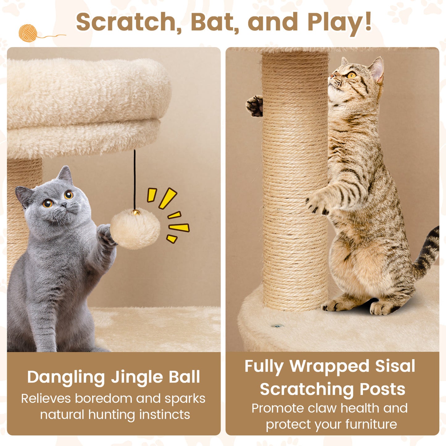 40 Inch Multi-level Cat Tower with Condo and Dangling Jingle Ball-BE, Beige