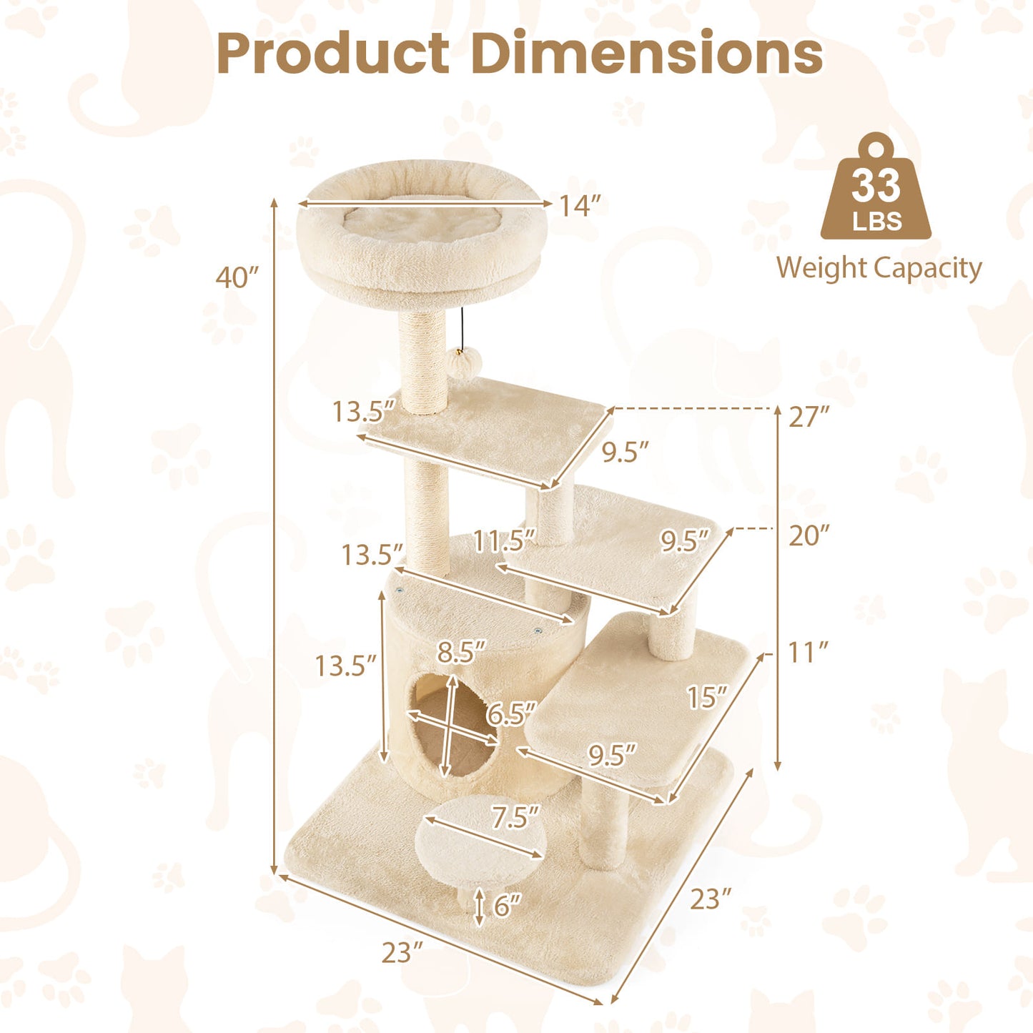 40 Inch Multi-level Cat Tower with Condo and Dangling Jingle Ball-BE, Beige