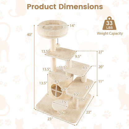 40 Inch Multi-level Cat Tower with Condo and Dangling Jingle Ball-BE, Beige