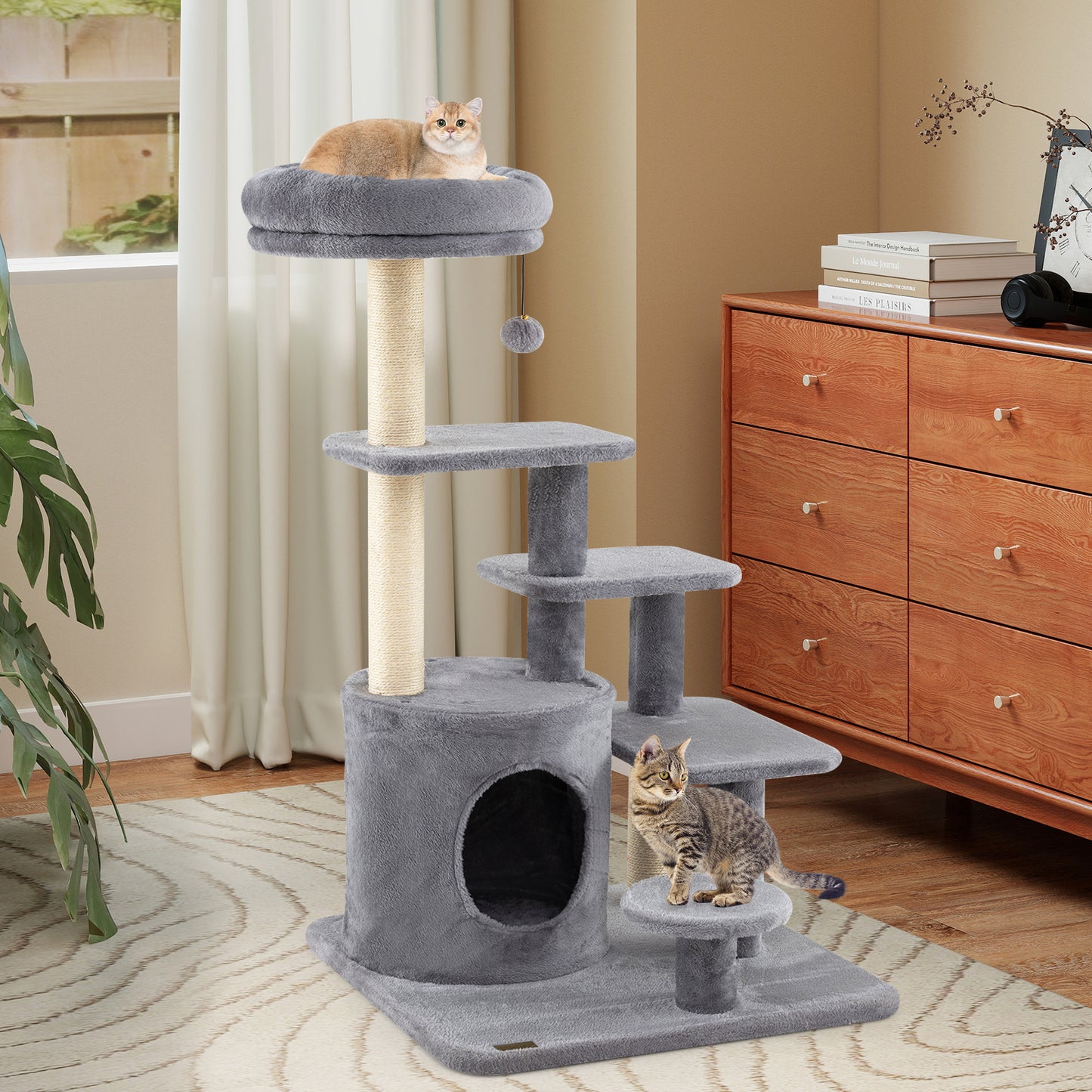 40 Inch Multi-level Cat Tower with Condo and Dangling Jingle Ball-GR, Gray