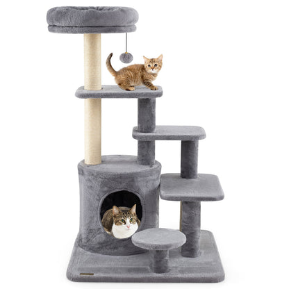 40 Inch Multi-level Cat Tower with Condo and Dangling Jingle Ball-GR, Gray