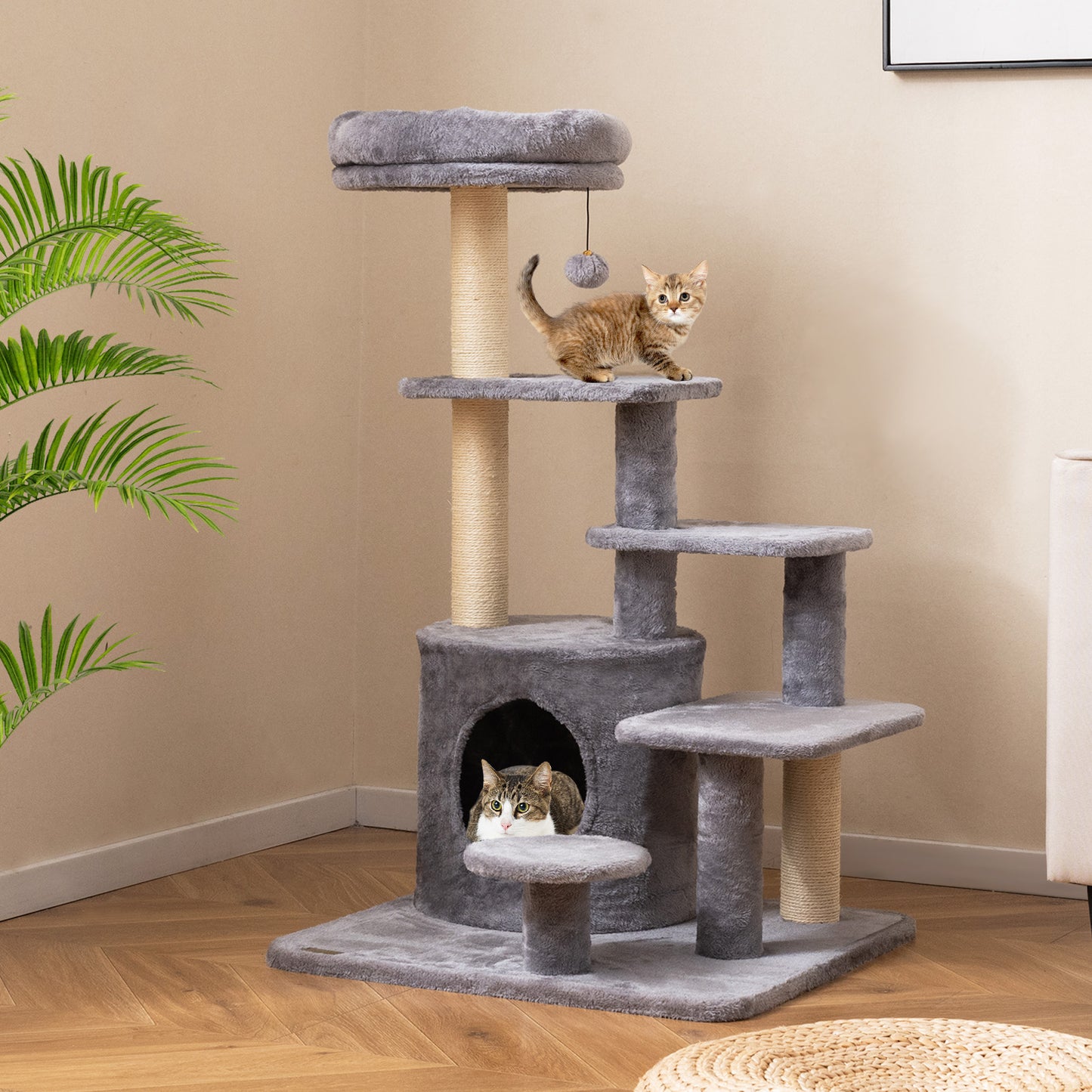 40 Inch Multi-level Cat Tower with Condo and Dangling Jingle Ball-GR, Gray