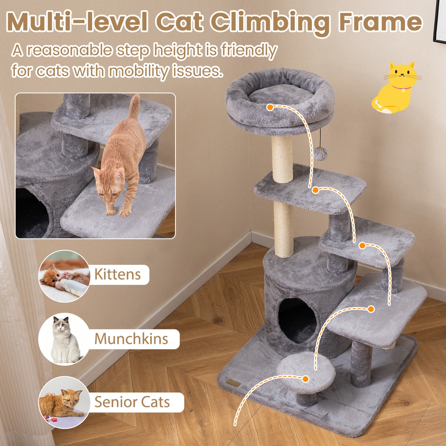 40 Inch Multi-level Cat Tower with Condo and Dangling Jingle Ball-GR, Gray