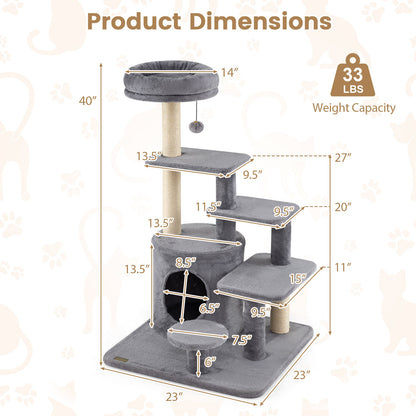 40 Inch Multi-level Cat Tower with Condo and Dangling Jingle Ball-GR, Gray