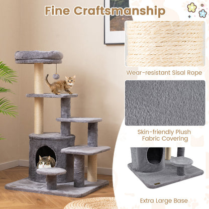 40 Inch Multi-level Cat Tower with Condo and Dangling Jingle Ball-GR, Gray