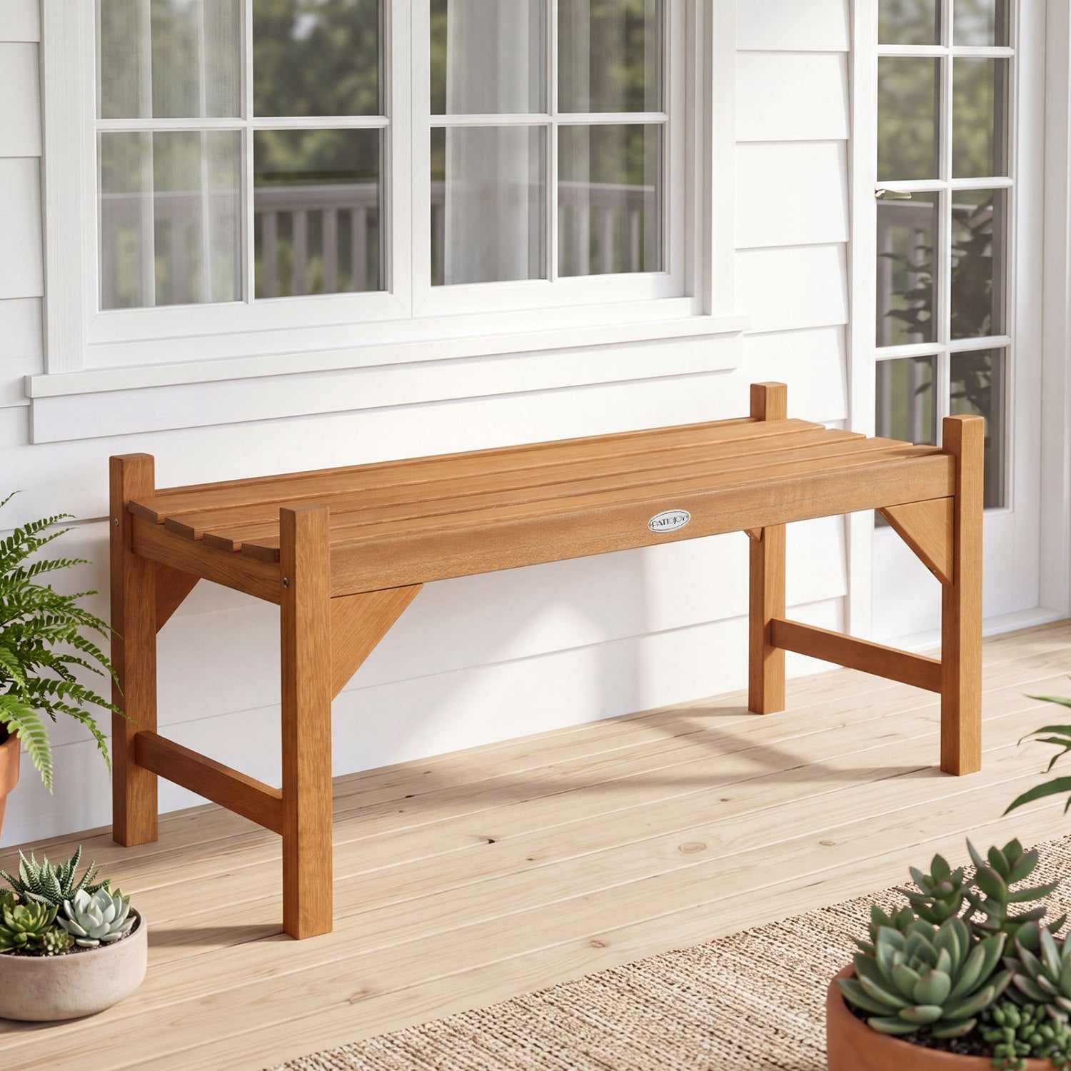 40 Inch Outdoor Bench with Slatted Contoured Seat for Deck Entryway-1 Piece, Natural Outdoor Benches at Gallery Canada