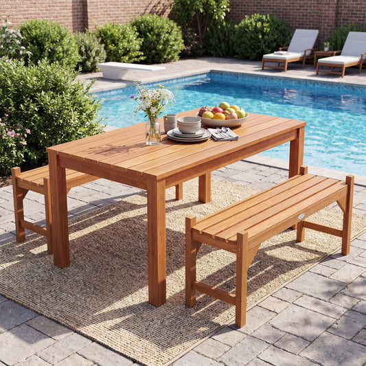 40 Inch Outdoor Bench with Slatted Contoured Seat for Deck Entryway-Set of 2, Natural Outdoor Benches Natural at Gallery Canada